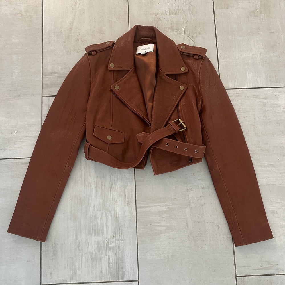 CLEOBELLA moto belted crop leather jacket size S